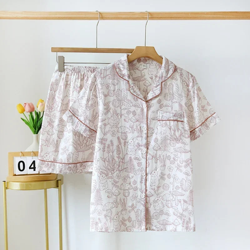 Japanese simple short pyjamas women 100% cotton short sleeves ladies pajama sets shorts Cute cartoon sleepwear women homewear