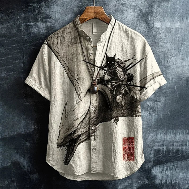 Colorful Men's Linen Summer Short Sleeve Shirt Fashion, Short Sleeve Top 3D Cat Printed Pattern Men's Clothing,