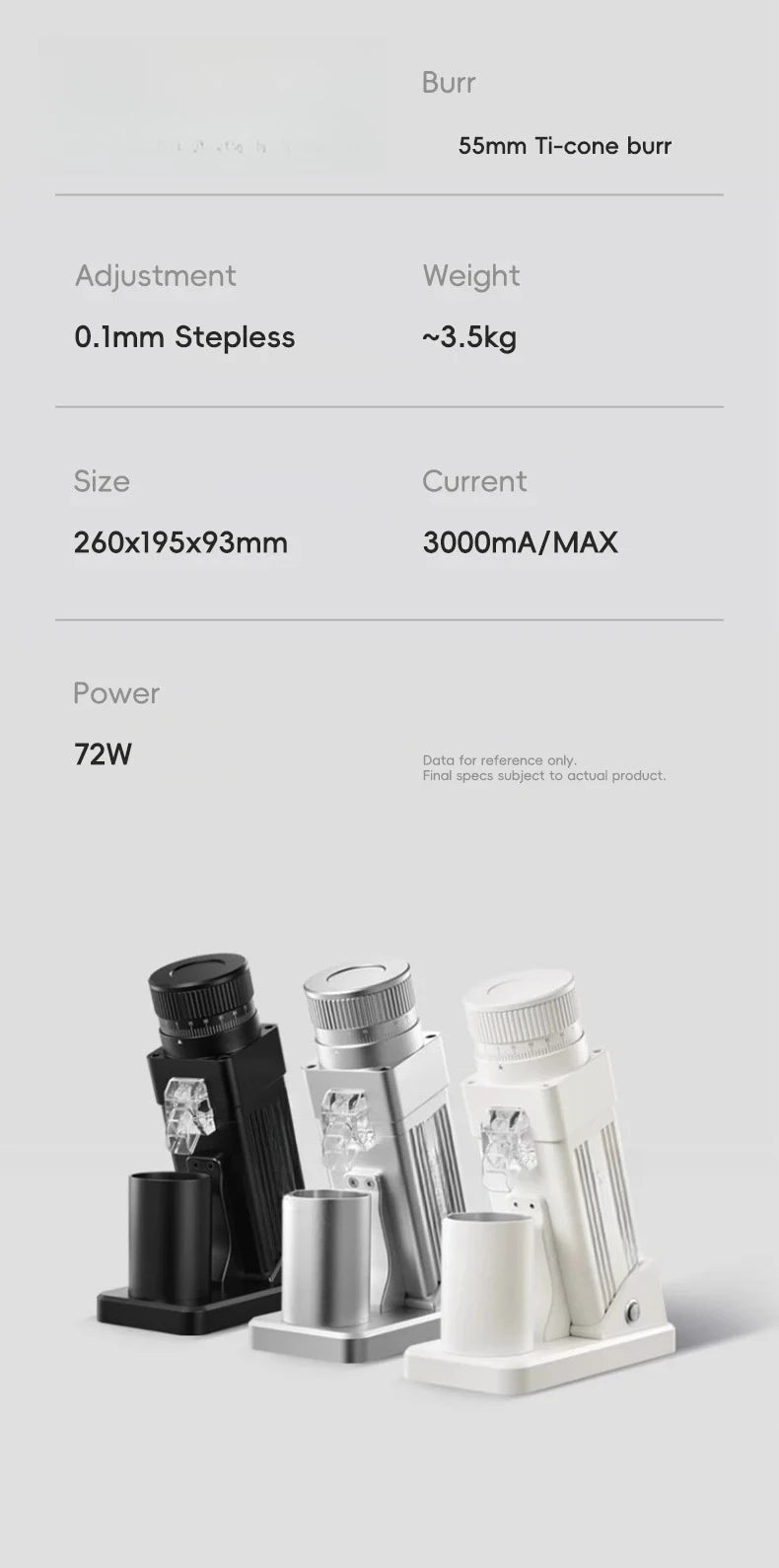 Electric Coffee Grinder 55MM Espresso Cone Burr Stepless Fineness Adjustment Brew Bean Grinder Black White