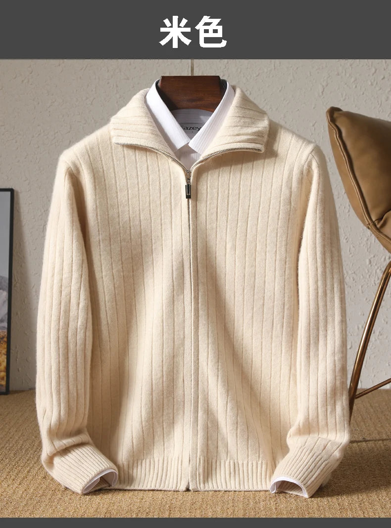 Men's Coat Winter Thickened New 100% Merino Wool Sweater Business Casual Zipper Lapel Cardigan Long Sleeved Warm Knit Jacket