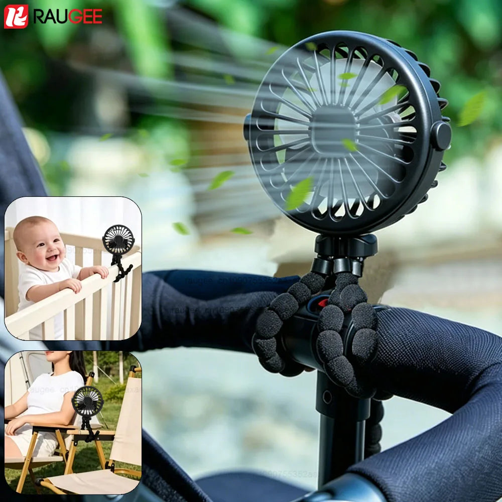 Baby Stroller Fan Folding Portable Octopus Mini Fan USB Rechargeable 3 Speed HandHeld Small Fan Flexible Tripod for Baby Outdoor