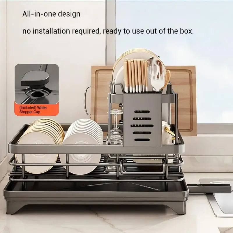 Dish Drying Rack Adjustable Kitchen Plates Organizer with Drainboard Over Sink Plate Drainer Storage Organizer