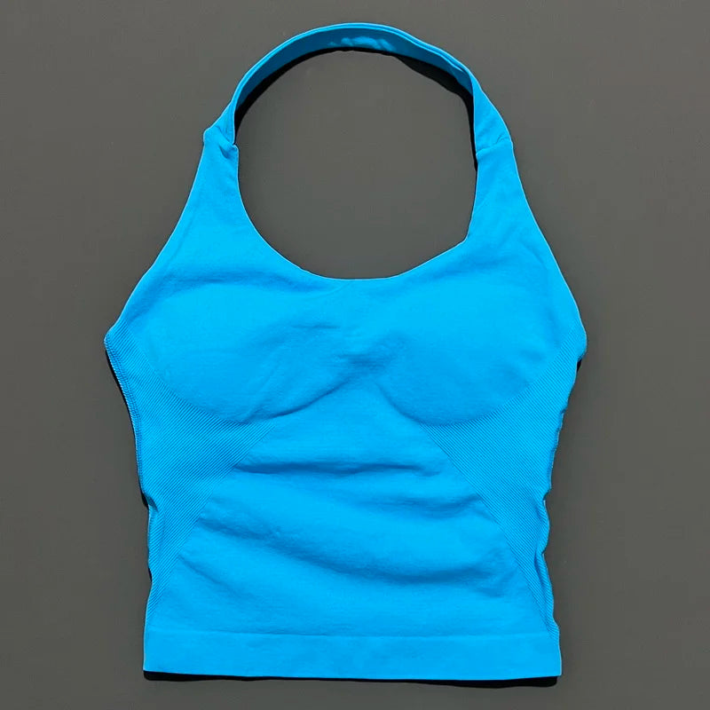 HISTELLO Sports Halter Top Seamless Longline Strappy Gym Tank Top Women Yoga Clothing Workout Fitness Sportswear Pilates Vest
