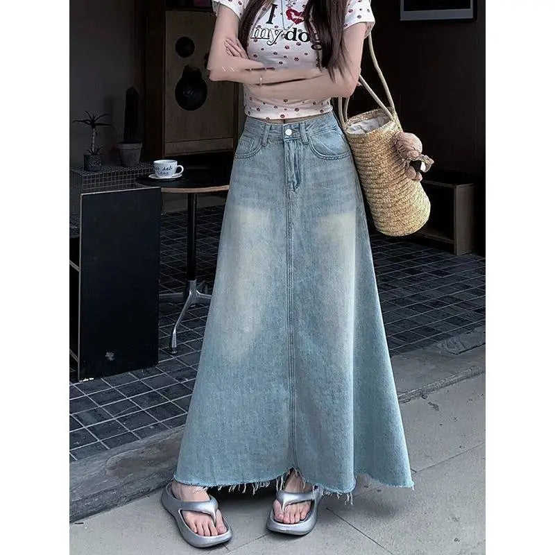 Retro High Waist Washed Denim Mini Skirt for Women plus Size Summer Fashionable Slimming Belly Covering Skirts