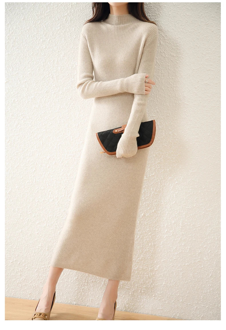 Autumn and winter semi high neck drawstring high elasticity slim fit 100% wool pullover dress, mid length over knee cashmere