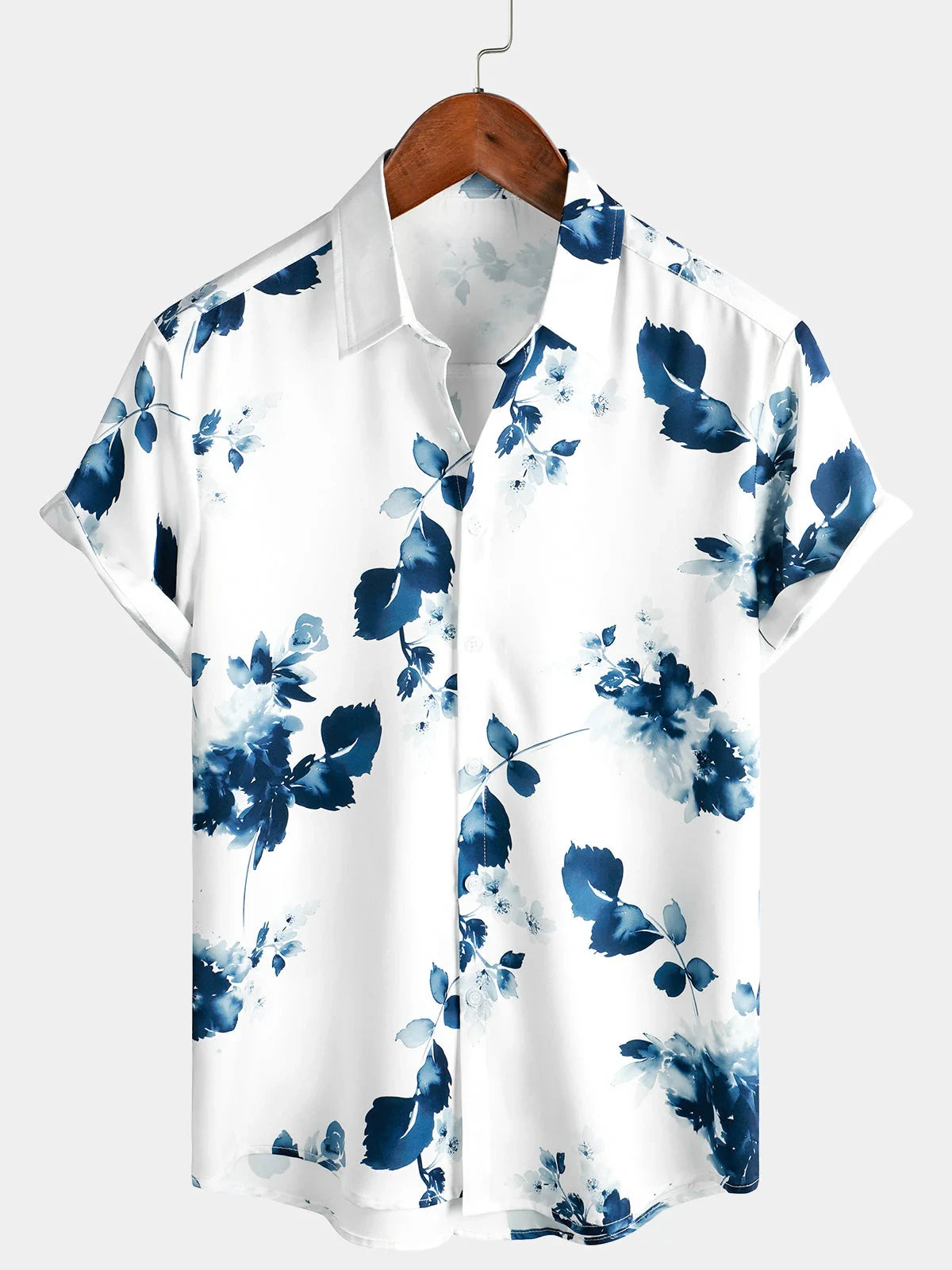 Men's Blue Floral Print Hawaiian Button Down Summer Beach Casual Collar Short Sleeve Shirt Ropa Casual Para Hombres