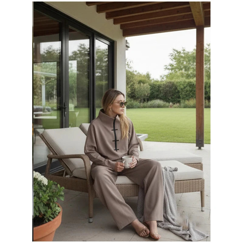 Coffee Tang Suit Two Piece Set Mandarin Collar Frog Button Top Wide Leg Cropped Pants Sets Lady Chic Retro Oriental Daily Wear
