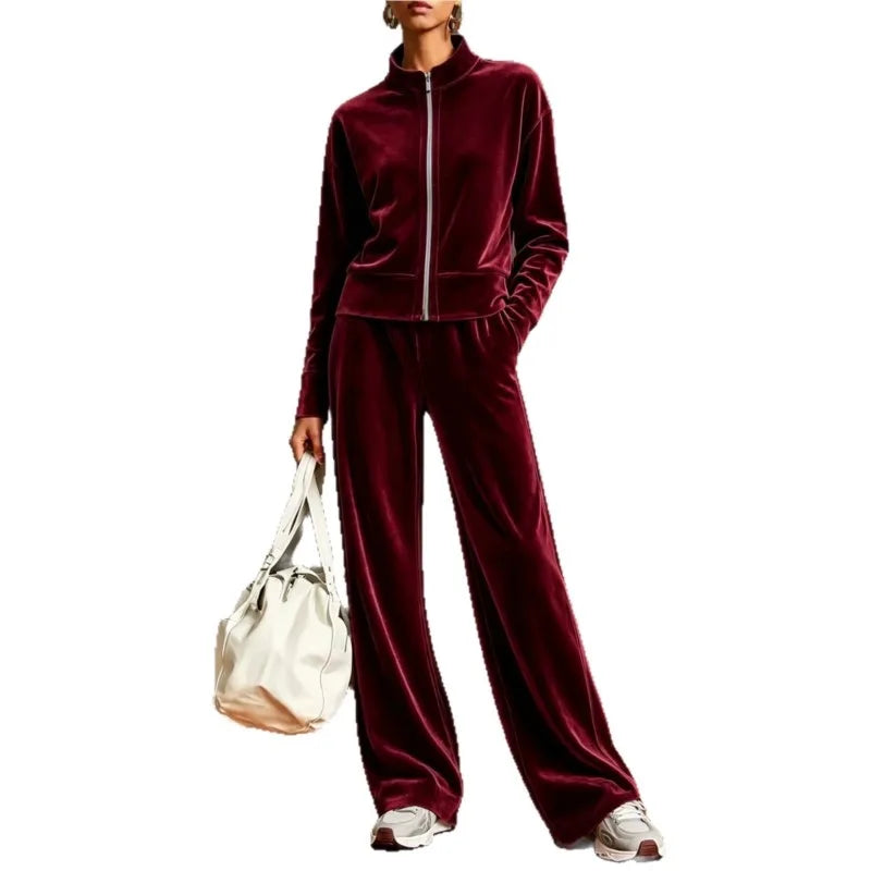 Women Solid Color Velvet 2 Piece Set Stand Collar Full Zip Jacket Wide Leg Pant Casual Sport Matching Outfit Autumn Winter Set