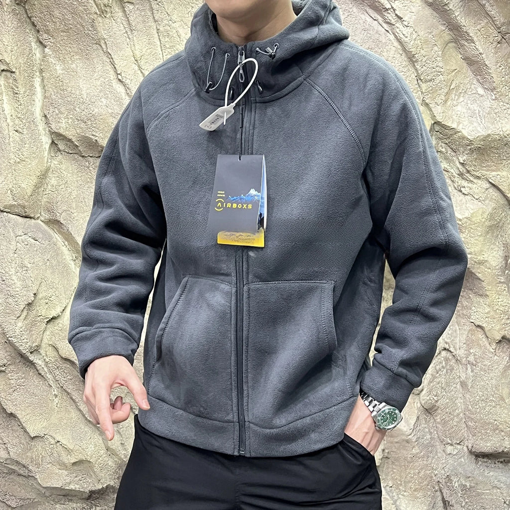 Heavyweight 620g Double-Sided Fleece Hoodie Jacket Quick Warmth Winter Men's Long Sleeve Zipper Closure Outdoor Style Polyester