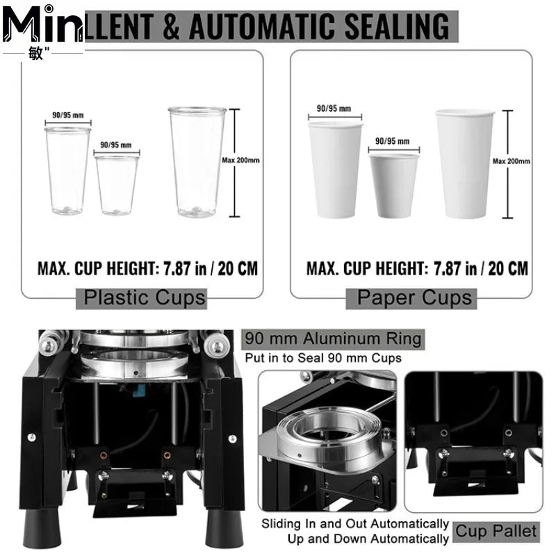 Automatic 90 95 98mm Cup Sealer Commercial Coffee Bubble Tea Boba Juice Cup Sealing Machine