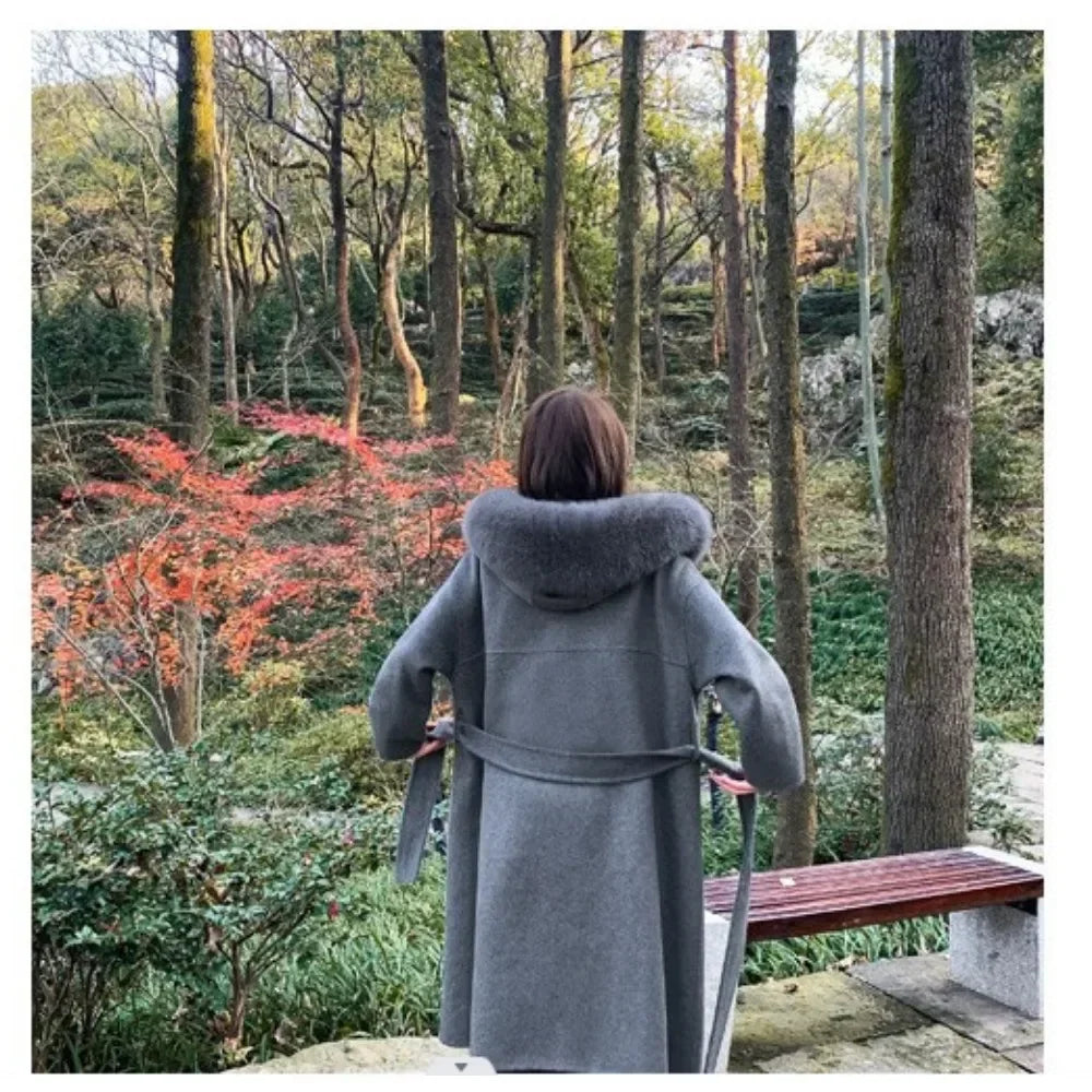 Real Fur Wool Outerwear Wool Blends Coat Natural Fox Fur Collar Hooded Cashmere Winter Jacket for Women Streetwear High Street