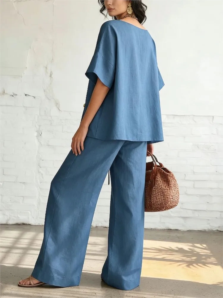 Casual Cotton Loose Pants Sets Women Summer 2026 Fashion Short Sleeve V-neck Tops And Wide Leg Pant 2 Piece Set Woman Outfits