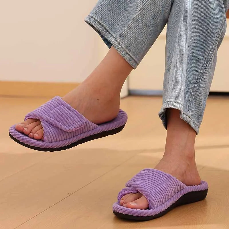 Litfun Open Toe House Slippers For Women New Corduroy Indoor Flat Slides With Adjustable Strap Four Season Lady Orthopedic Shoes
