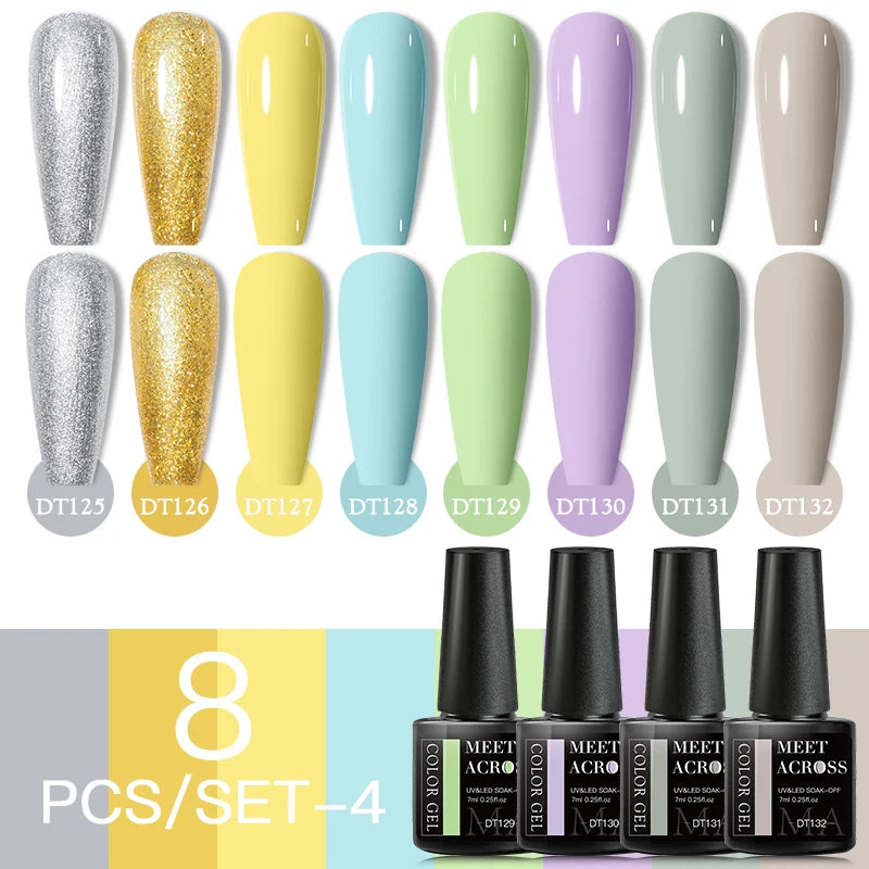 MEET ACROSS 6/8Pcs Set Glitter Gel Nail Polish Autumn Winter Nail Art Varnishes Semi Permanent Soak Off UV Gel Kit Nails Lacquer