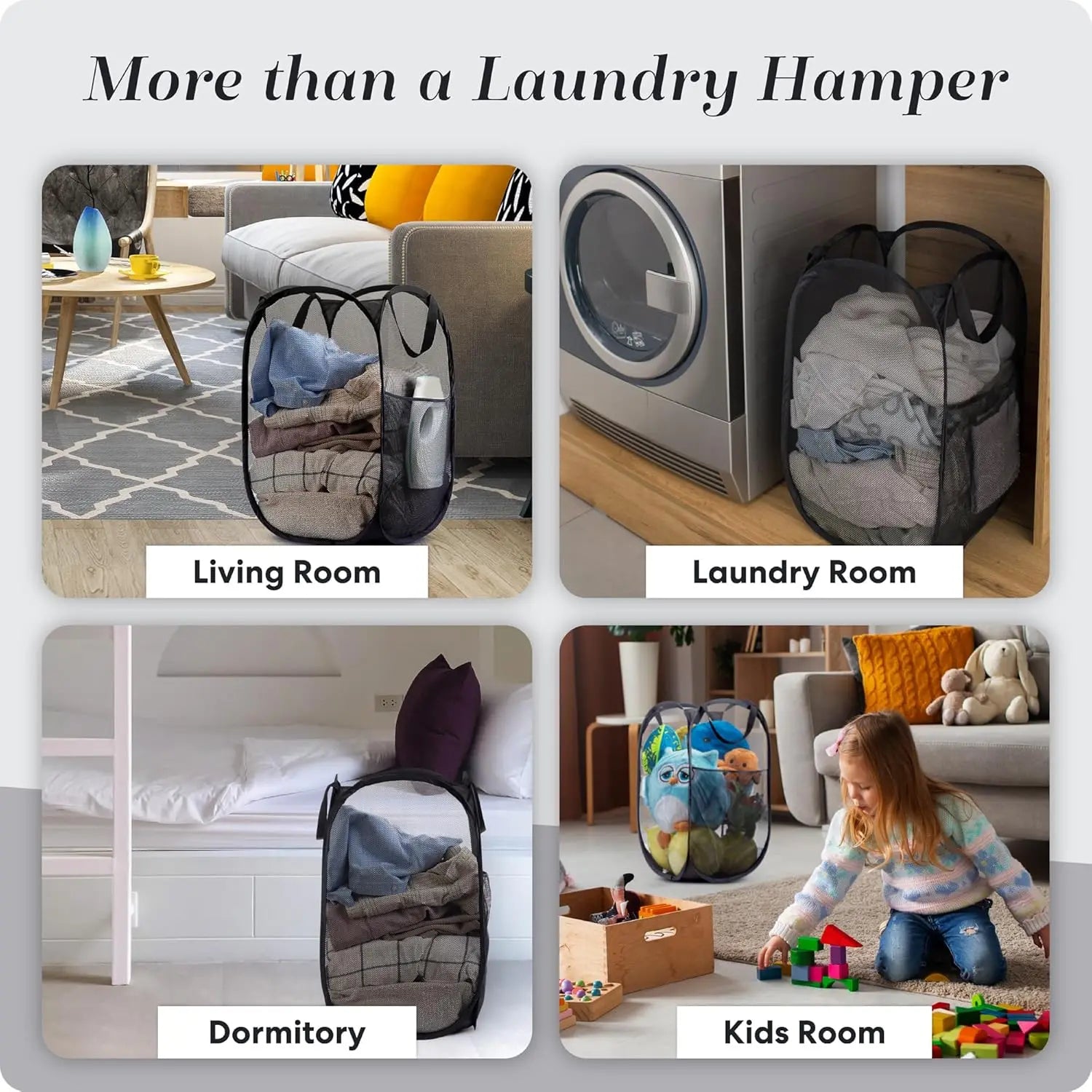 Collapsible mesh pop-up hamper, black, wide opening, side pocket, breathable, foldable, space-saving for clothes & storage