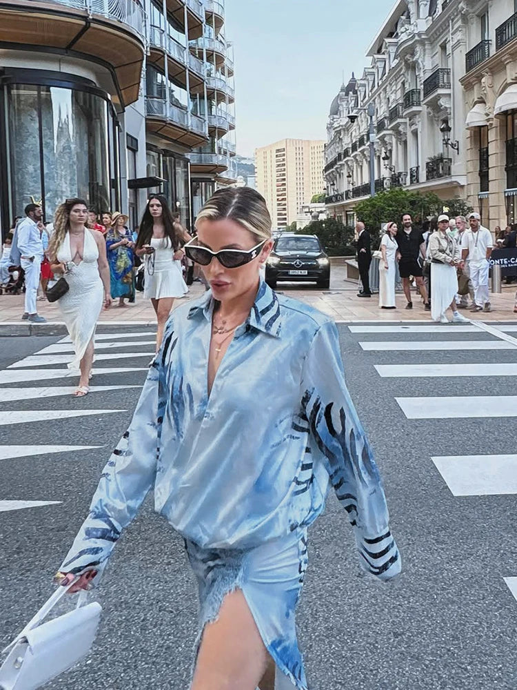 Fashion Printed Long Shirt Style Dress Women Full Sleeve Lapel Lace Patchwork High Split Dresses Female 2026 Autumn Lady Robe
