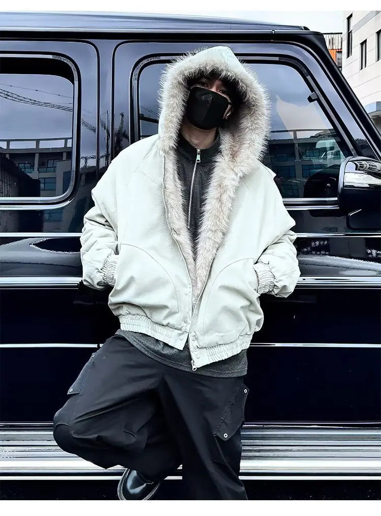 American Retro Lamb Fleece Cotton Jacket Winter Thickened Keep Warm Fur Collar Jacket Zipper Hoodie Loose Coat men clothing