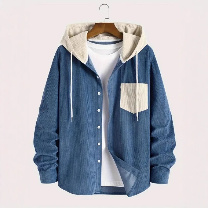 Men's Color Blocked Casual Jacket, Corduroy Long Sleeved Hooded Shirt Jacket, Spring and Autumn Outfit