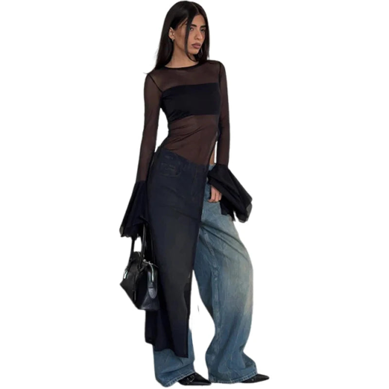 Weird Puss Sexy Irregular Hem T-Shirt Women Patchwork O-Neck Flared Sleeves Summer Midnight Sexy Hottie Fashion Split Long Tops