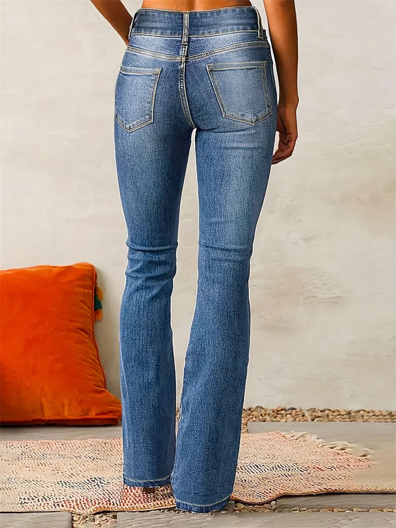 2025 Vintage Mid Waist Washed Stretch Jeans Women New Micro Flared Trousers Casual Commuter Female Denim Pants Trend Streetwear