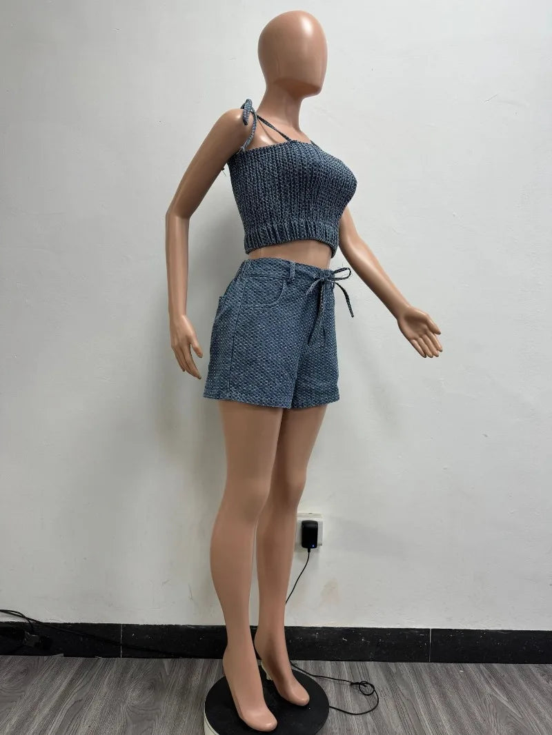 Women Fashion Sexy Denim 2 Piece Set Strapless Lace Up Spaghetti Straps Camisole Crop Tops + High Waist Shorts Casual Jeans Suit