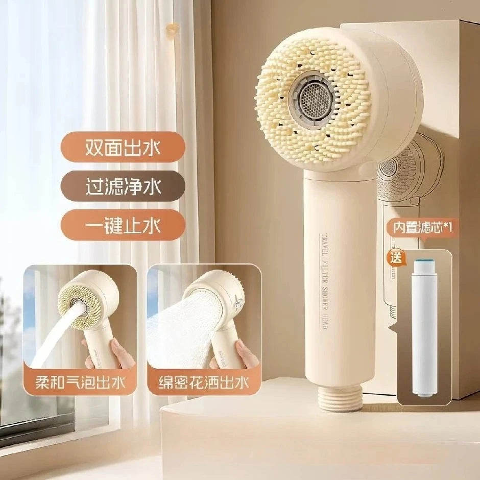 Small double-sided water outlet handheld shower head with bubble water flow,washing function, high pressure boost and filtration