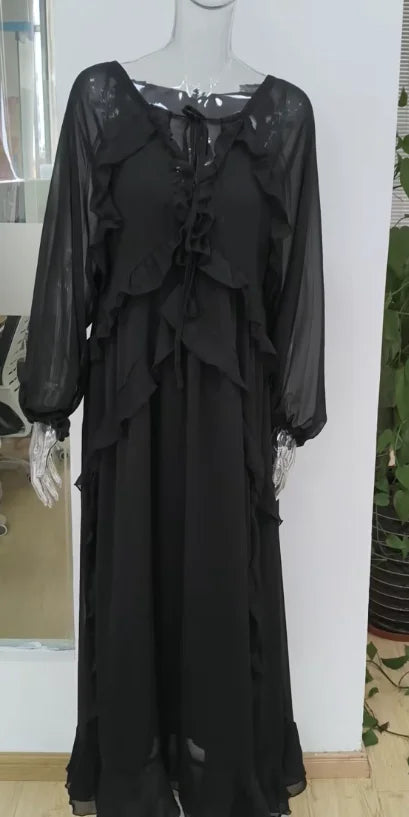 2026 Casual Solid Ruffles Patchwork Robe Women Minimalist Full Sleeve Mesh Loose Fit Lace Up Maxi Dress Vacation Daily Date Wear