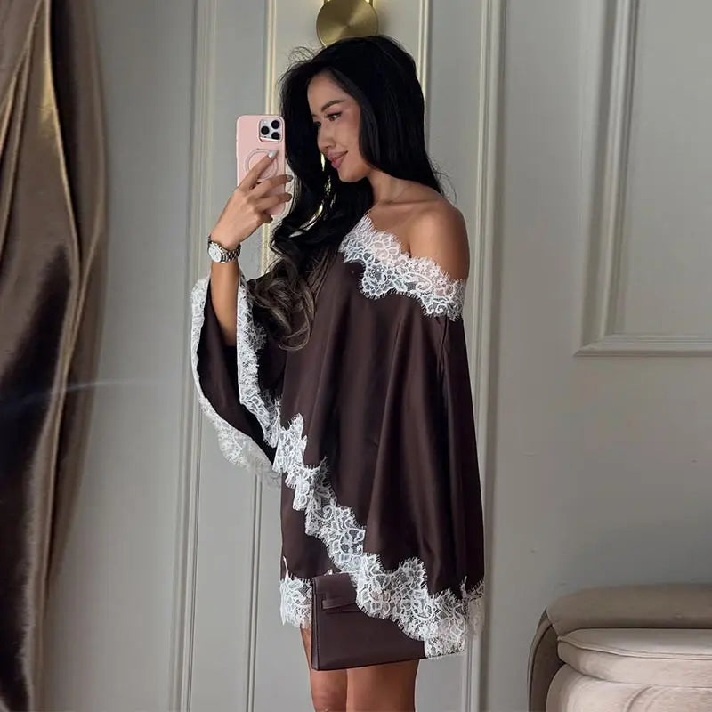 Elegant Women's Satin Lace Patchwork Top Skirt Set Loose Sloping Shoulder Full Sleeve Top Mini Skirts 2026 Summer Lady Suit
