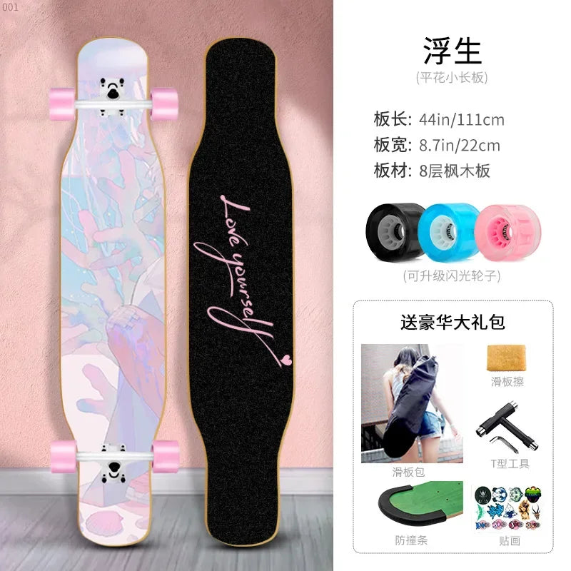 Longboard Beginner Boys and Girls Adult Professional Double Dancing Board 44in Teen Maple Quad
