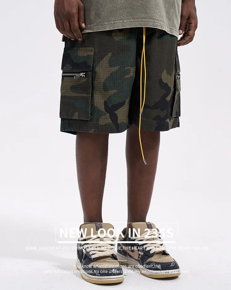 High Street Washing Trend Camouflage Tooling Shorts Men's Retro Casual Loose Summer Drawstring Versatile Trend Five-Point Pants