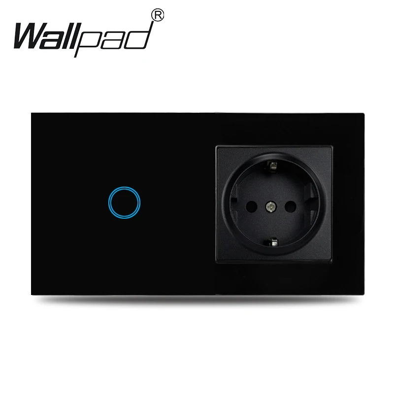 Touch Light Switch With EU Power Wall Sockets White Black 300W Led 1 Gang 1 Way Crystal Glass Panel Interruptor 157mm*86mm
