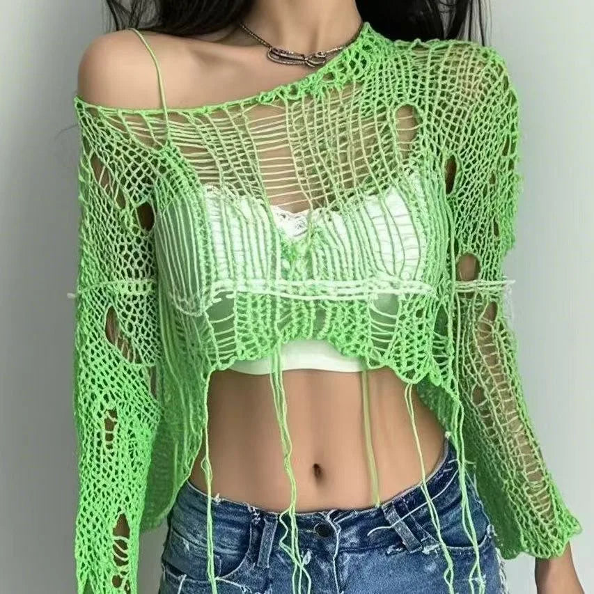 Sexy White Slash Neck Grunge Knitted Women's Sweater Hole Ripped Pullover Crop Top Harajuku Hollow Out Fashion Summer Jumpers