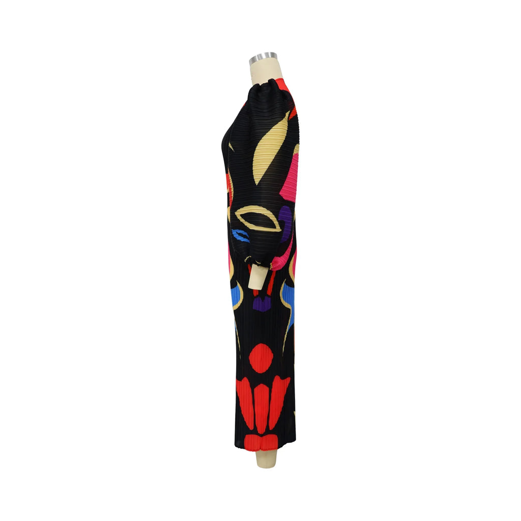 Elegant Women Pleated Half Lantern Sleeve O-neck Slim Maxi Long Dress Print Fashion Autumn 2025 Ruched Dresses Vestidos