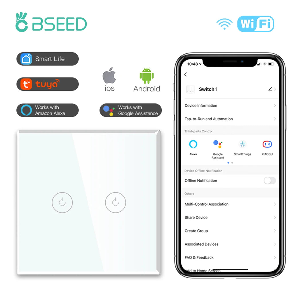 BSEED WIFI Touch Switches 1/2/3/4Gang Smart Light Switches Wall Stair Switches Tuya Control Smart Life APP Multi-Control Neutral