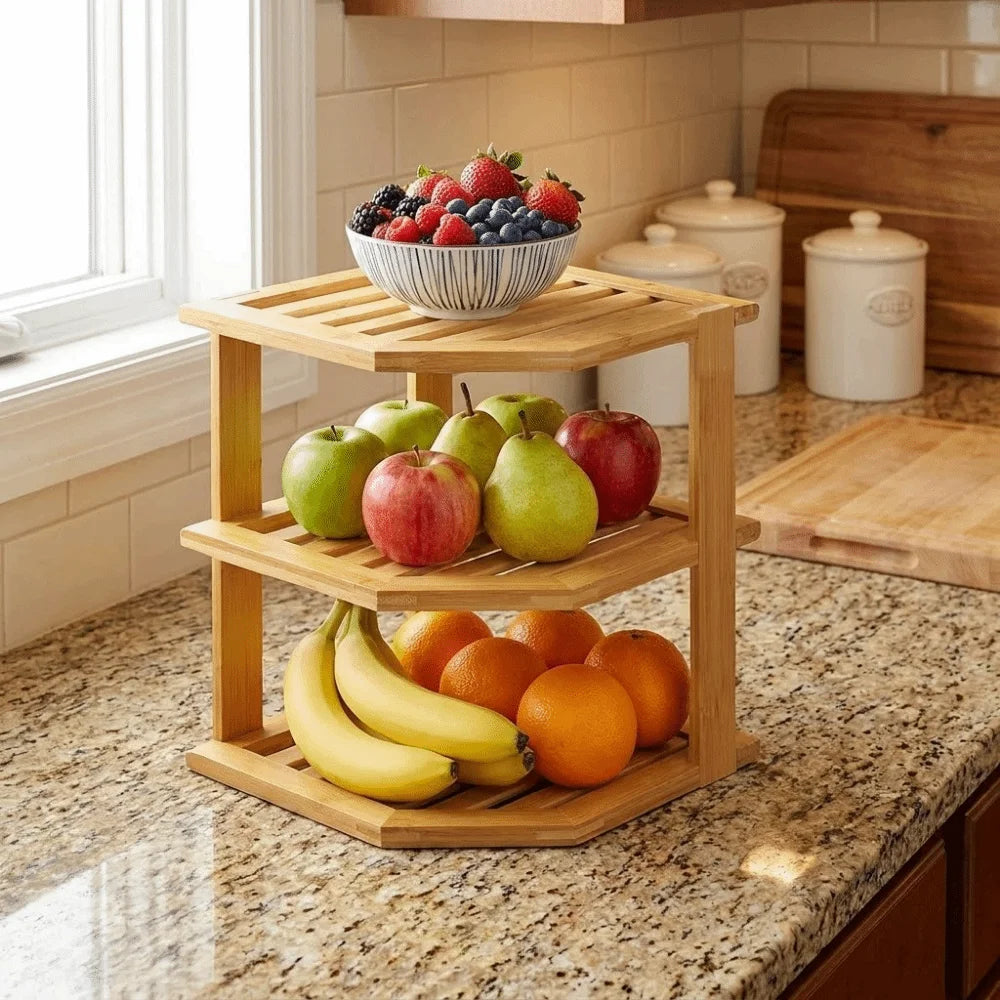 3 Tier Cabinet Organizer Shelf for Kitchen Storage Sturdy Plate Organizer Bamboo Corner Shelf Dish Rack for Cabinet Countertop