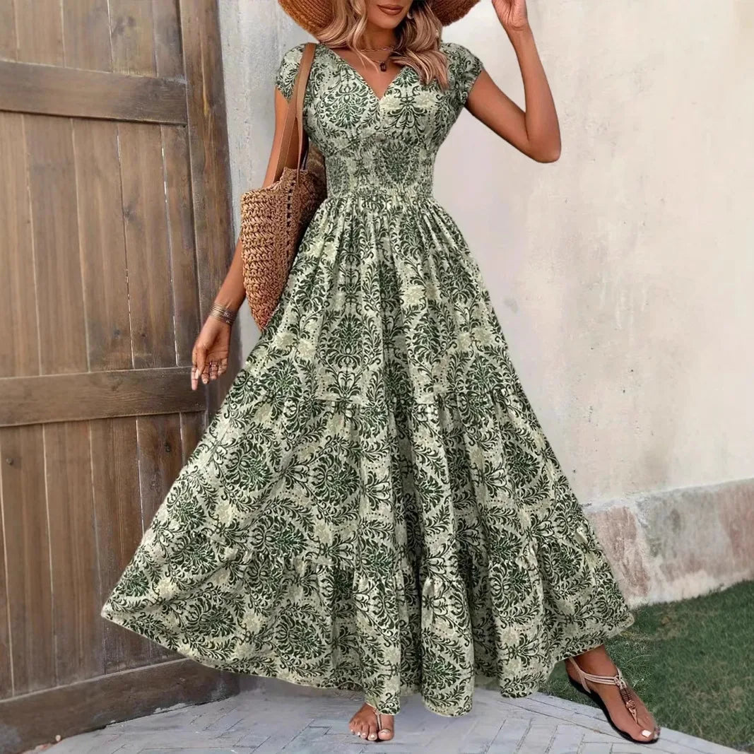 Women's Summer Retro Fashion Floral Printed Sexy V-neck Short Sleeve High Waist Medium Length Bohemian Loose Holidays Dresses