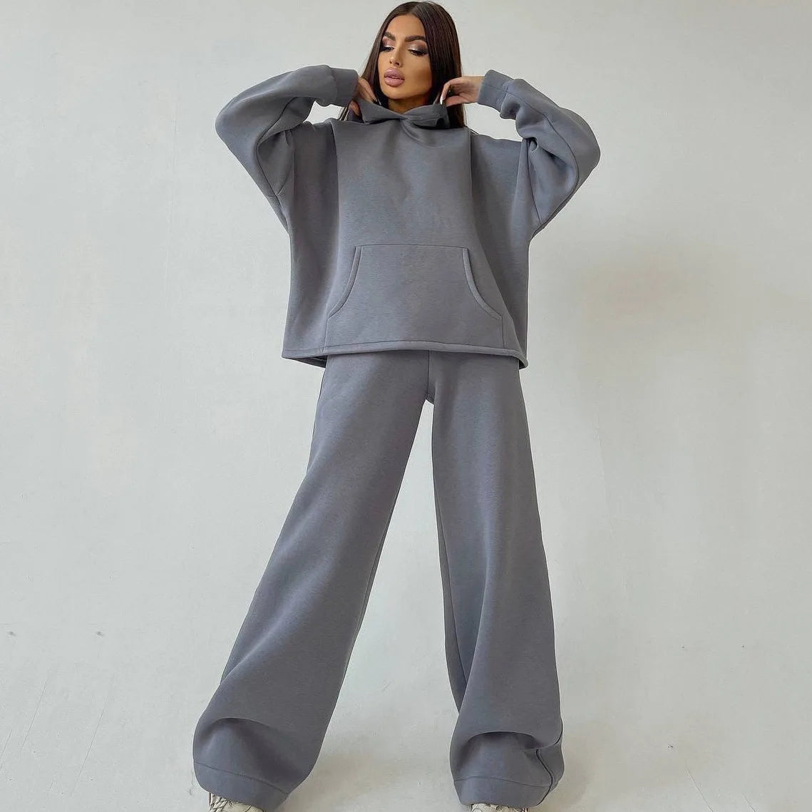 Woman's Solid Color Hooded Sweatshirt Pant Two-piece Set Fashion Long Sleeves Pocket Pullovers Pants Suits Ladies Loose Outfit