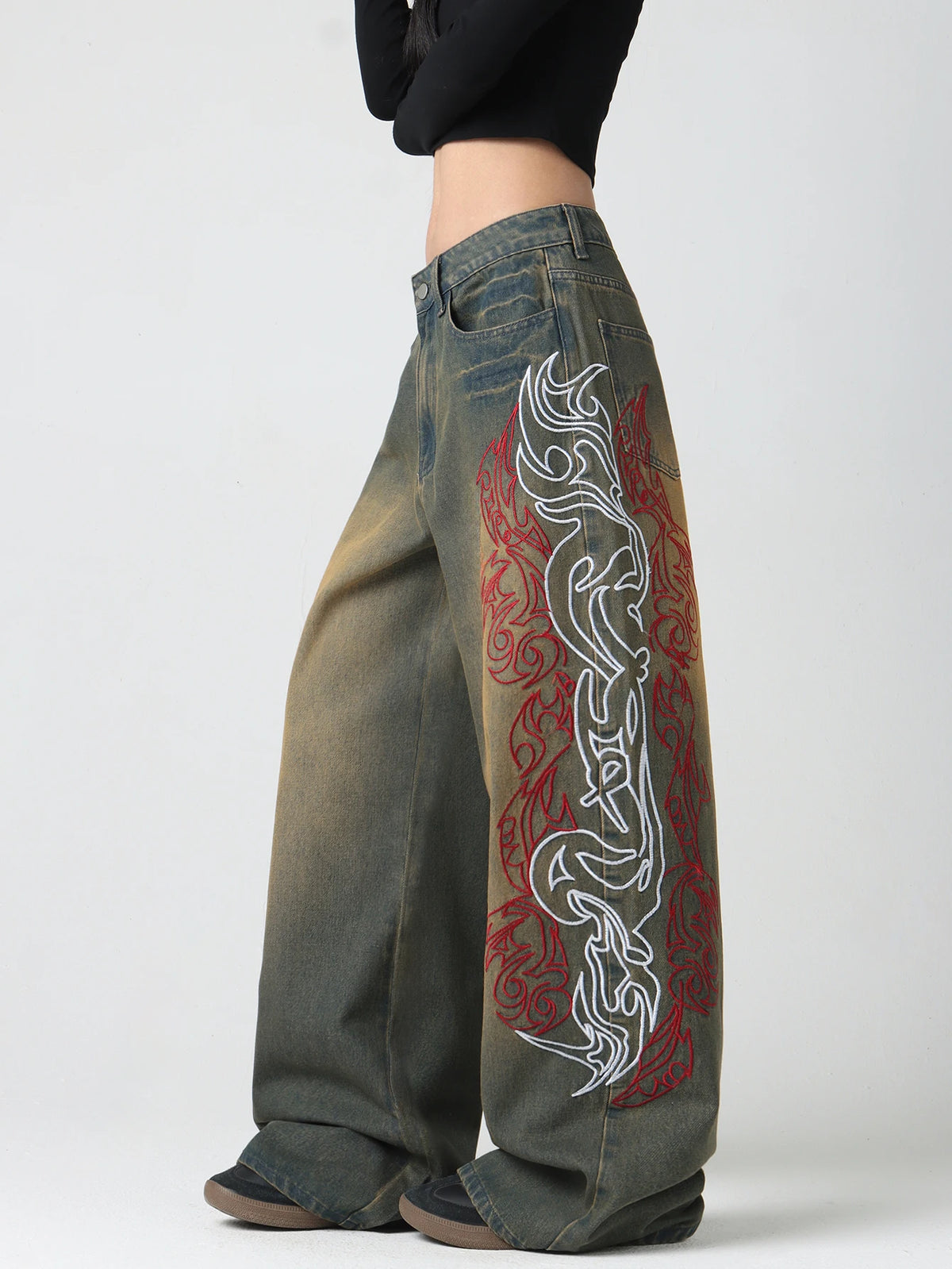 European And American Style, Dragon Pattern Flame Contrast Embroidery, Vintage Aby Style, Yellow Mud Gradient Jeans