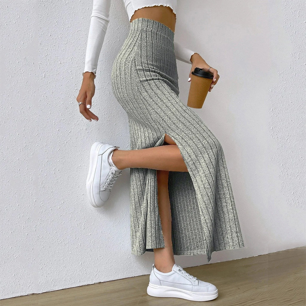 Womens Ribbed Knit Split Thigh Maxi Skirt High Waist Bodycon Pencil Skirt Casual Spring Summer Office Lady Chic Long Skirts 2026