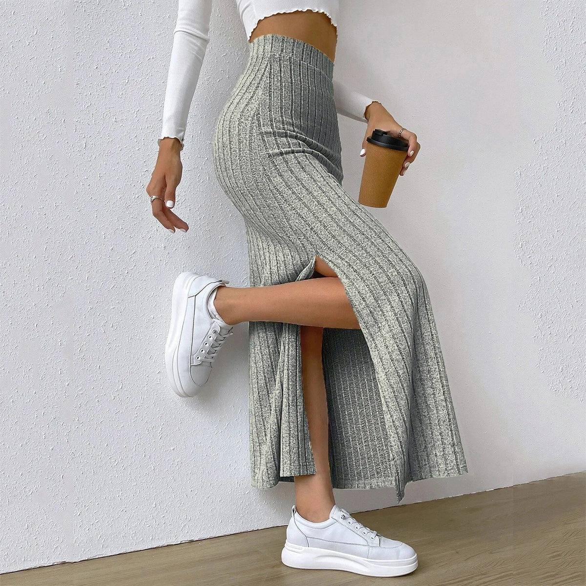 Womens Ribbed Knit Split Thigh Maxi Skirt High Waist Bodycon Pencil Skirt Casual Spring Summer Office Lady Chic Long Skirts 2026