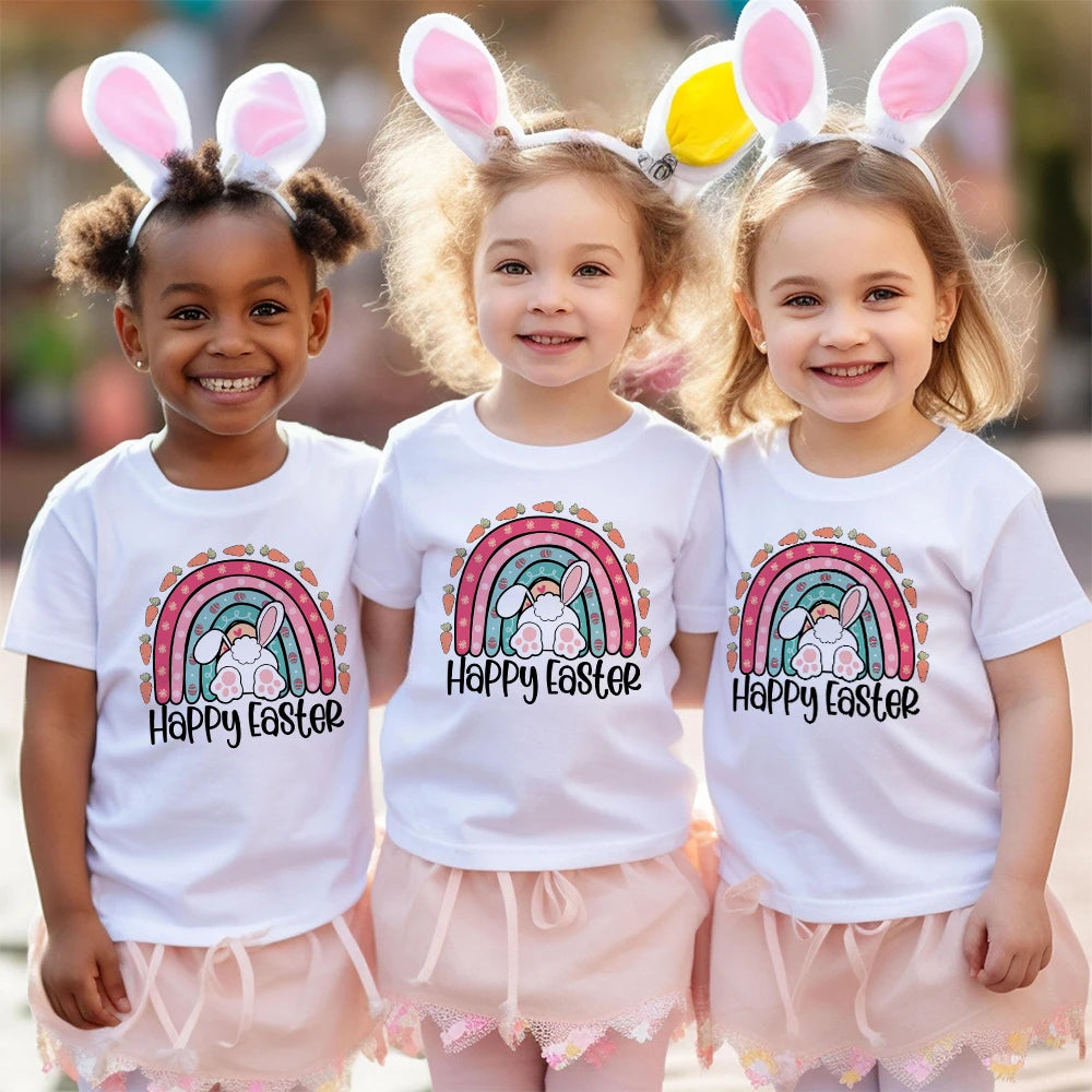Happy Easter Rainbow Printed Kids Shirts Easter Party Child Outfit T-shirt Children Holiay Clothes Boys Girls Short Sleeve Shirt