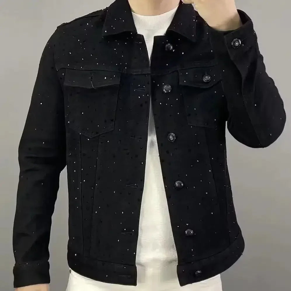 Jeans Coat for Men Button Casual Slim Short Denim Jackets Man Diamond Black Japanese Loose Chic Elegant Low Cost Rock ZL459