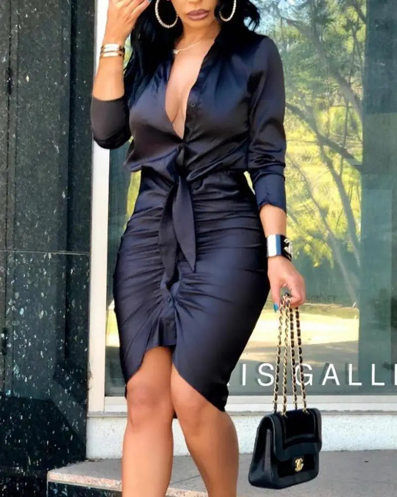 Summer Autumn New Elegant Ladies's Dress 2024 V-neck Strap Solid Color Elastic Waist Bag Hip Printed Long Sleeve Shirt Dress
