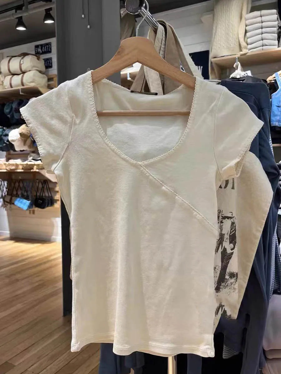 Vintage Slim Fit Cotton T-Shirt Summer V-Neck Streetwear 2025 Femme Sweet Cute Y2K Style Simple Top for Women
