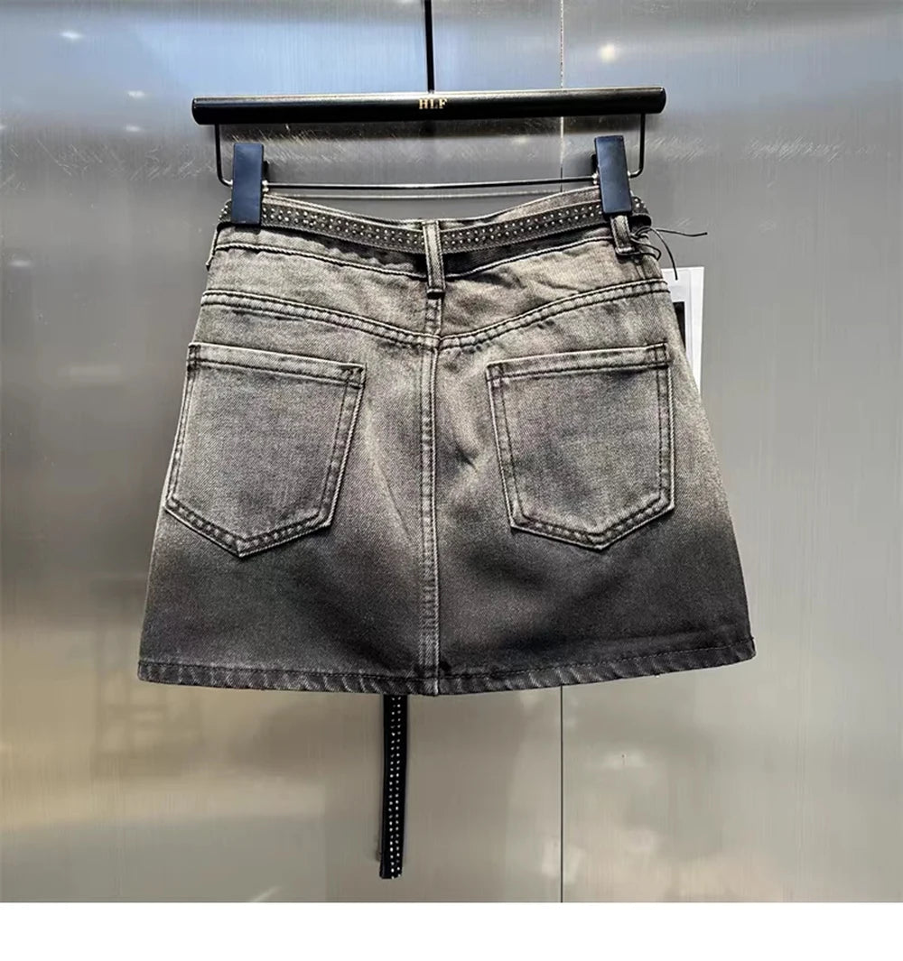 Oversize Retro Diamond Denim Mini Skirt for Women Summer High Waist Shiny Rivet Slim Skirts Gradient Black Grey Jean Skirts