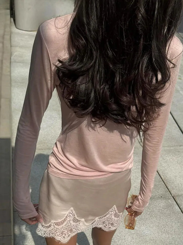 Elegant Women's Lace Satin Spliced Mini Skirt High Waist Short A-line Skirts Female 2025 Summer Autumn Lady Streetwear