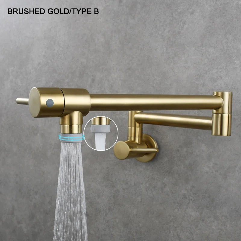 Brass Pot Filler Tap Wall Mount Foldable Kitchen Faucet Single Cold Single Hole Sink Tap Rotate Folding Spout Chrome Gold Black