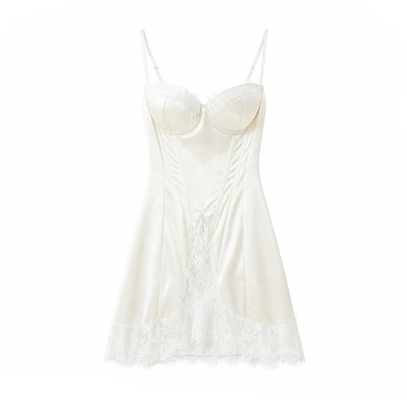 White Satin Women's Mini Dress Backless Patchwork Lace-up Sleeveless Dresses 2026 Fashion Summer Party Evening Elegant Vestidos