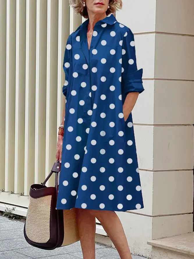 Uoozee Women's Fashion Polka Dot Lapel Shirt Dress 2026 New Spring Long Sleeves Loose Elegant Urban Casual Office Midi Dresses