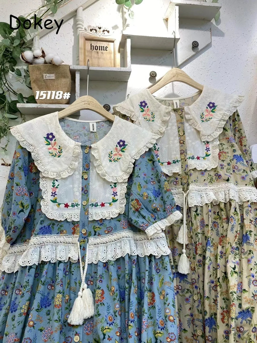 Vintage Embroidery Art Print Kawaii Dress Women Japanese Mori Girl Peter Pan Collar Patchwork Cotton Linen Dress Loose Vestidos